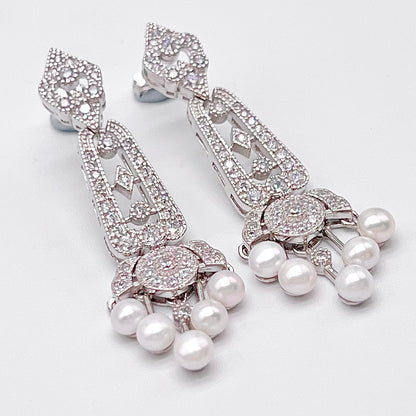 Antique Impression. Multi-pearl Earring in Silver 925. Edwardian Chandelier 5 pearl
