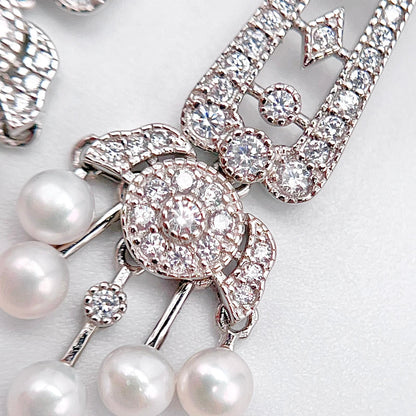 Antique Impression. Multi-pearl Earring in Silver 925. Edwardian Chandelier 5 pearl