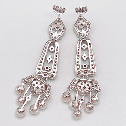 Antique Impression. Multi-pearl Earring in Silver 925. Edwardian Chandelier 5 pearl