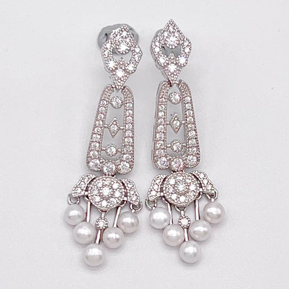 Antique Impression. Multi-pearl Earring in Silver 925. Edwardian Chandelier 5 pearl