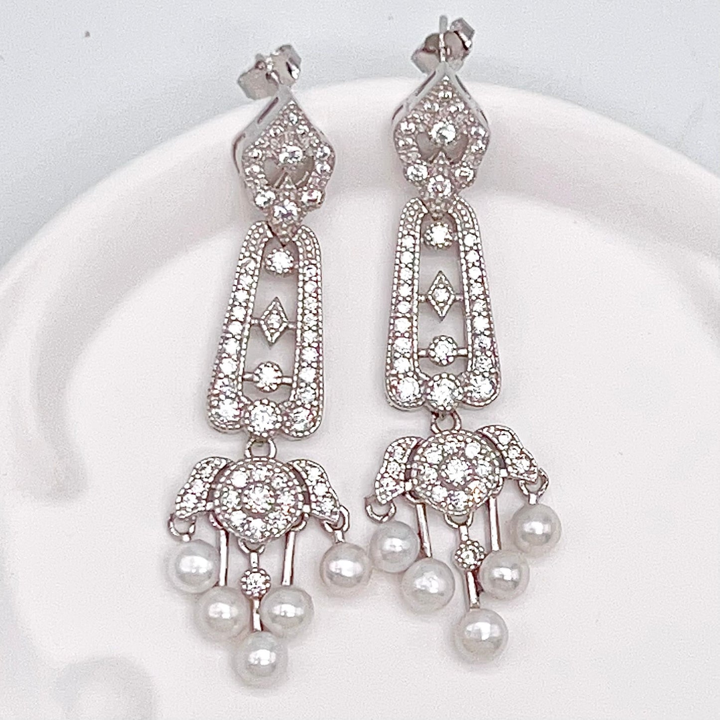 Antique Impression. Multi-pearl Earring in Silver 925. Edwardian Chandelier 5 pearl