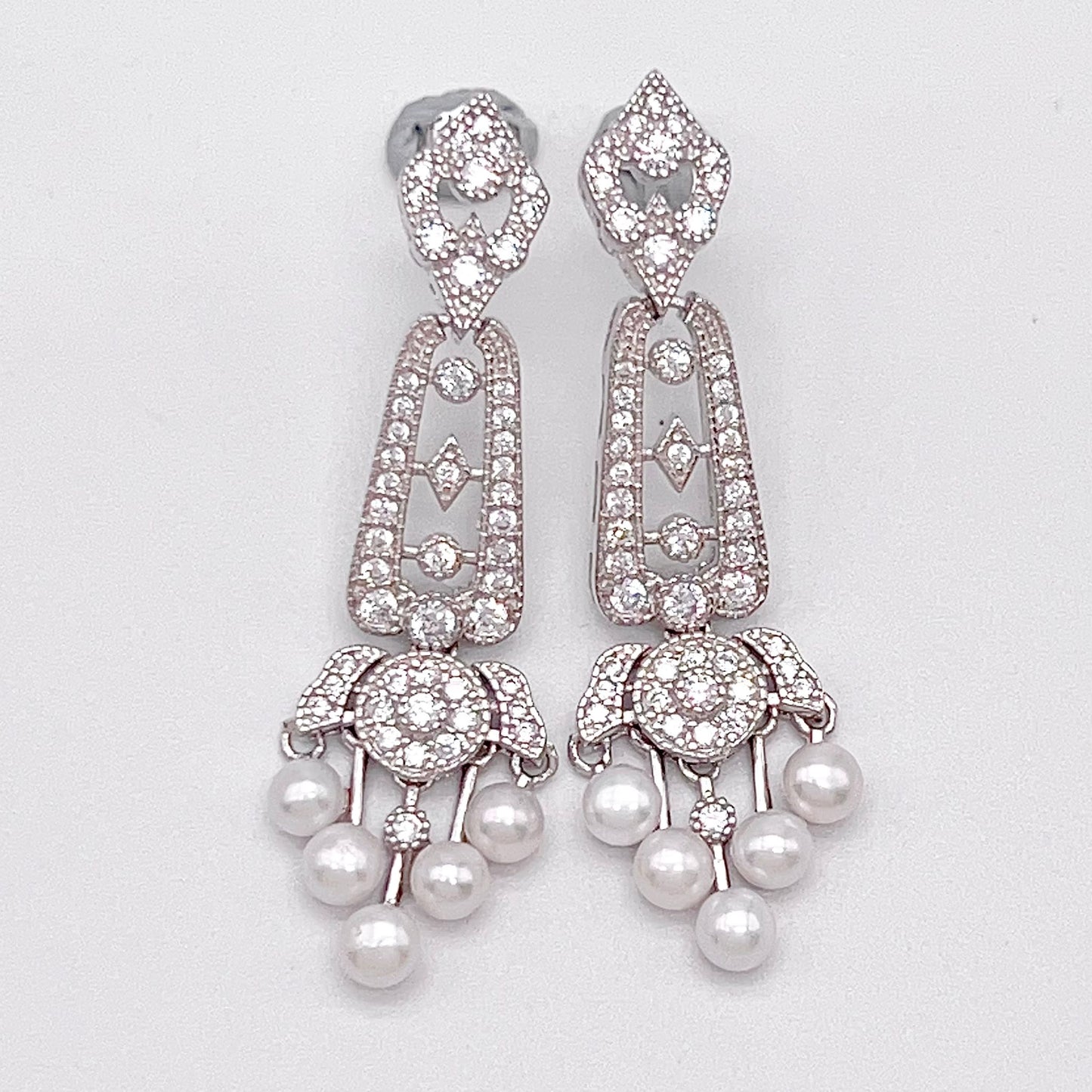 Antique Impression. Multi-pearl Earring in Silver 925. Edwardian Chandelier 5 pearl