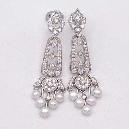 Antique Impression. Multi-pearl Earring in Silver 925. Edwardian Chandelier 5 pearl