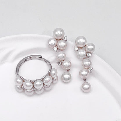 Antique Impression. Multi-pearl Ring & Earrings set in Silver 925. Star Cluster