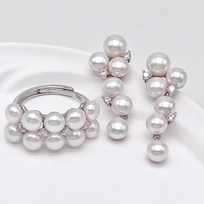 Antique Impression. Multi-pearl Ring & Earrings set in Silver 925. Star Cluster