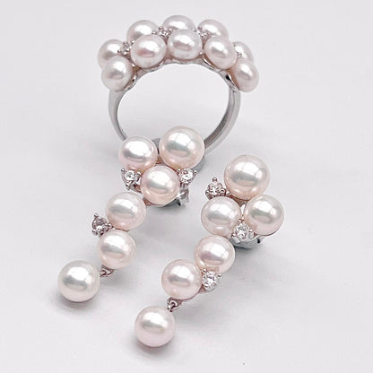 Antique Impression. Multi-pearl Ring & Earrings set in Silver 925. Star Cluster