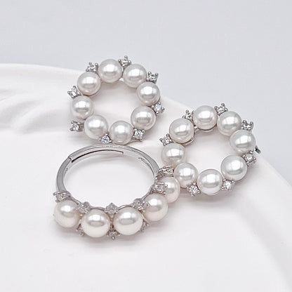 Antique Impression. Multi-pearl Ring and Earrings Set in Silver 925. Wreath