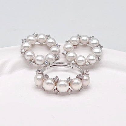 Antique Impression. Multi-pearl Ring and Earrings Set in Silver 925. Wreath