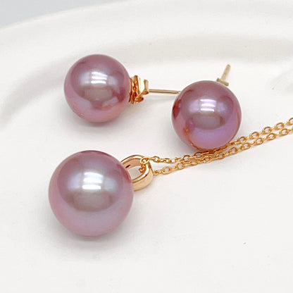 Classic. Top Quality Edison Pearl Earring and Pendant Set in 18K gold.Purple