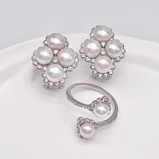 Retro Wind. Freshwater Pearl Earring and Ring Set in silver 925. Round Spark