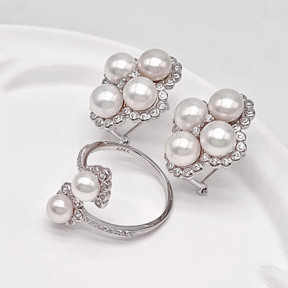 Retro Wind. Freshwater Pearl Earring and Ring Set in silver 925. Round Spark