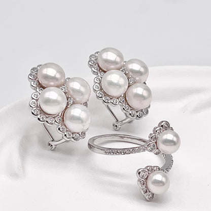 Retro Wind. Freshwater Pearl Earring and Ring Set in silver 925. Round Spark