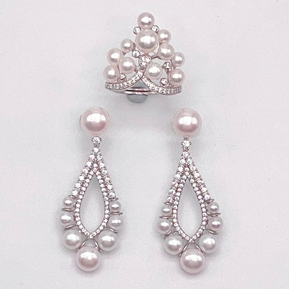 Retro Wind. Freshwater Pearl Earring and ring Set in silver 925. 5 pearl swing & crown ring