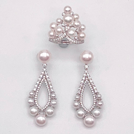 Retro Wind. Freshwater Pearl Earring and ring Set in silver 925. 5 pearl swing & crown ring