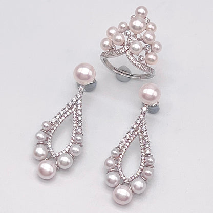 Retro Wind. Freshwater Pearl Earring and ring Set in silver 925. 5 pearl swing & crown ring