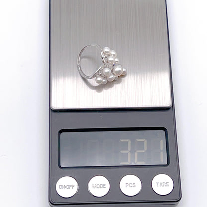 Retro Wind. Freshwater Pearl Earring and ring Set in silver 925. 5 pearl swing & crown ring