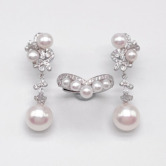 Retro Wind. Freshwater Pearl Earring and ring Set in silver 925. 3 pearl bud & mini crown ring