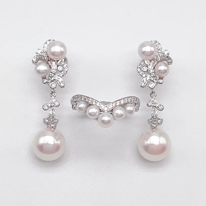 Retro Wind. Freshwater Pearl Earring and ring Set in silver 925. 3 pearl bud & mini crown ring