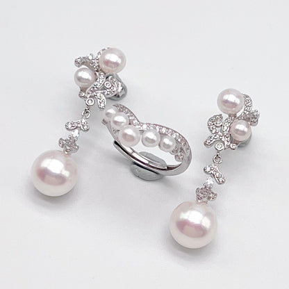 Retro Wind. Freshwater Pearl Earring and ring Set in silver 925. 3 pearl bud & mini crown ring