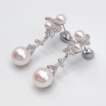 Retro Wind. Freshwater Pearl Earring and ring Set in silver 925. 3 pearl bud & mini crown ring