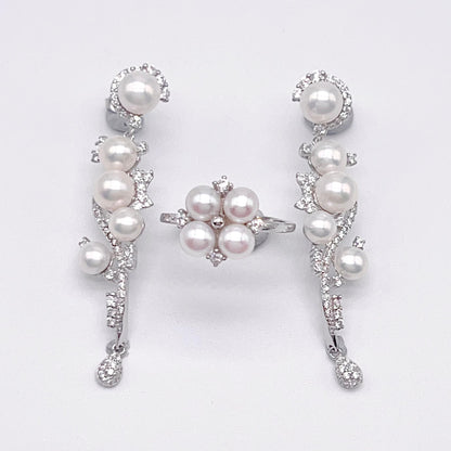 Retro Wind. Freshwater Pearl Earring and Ring Set in silver 925. Pearl bean