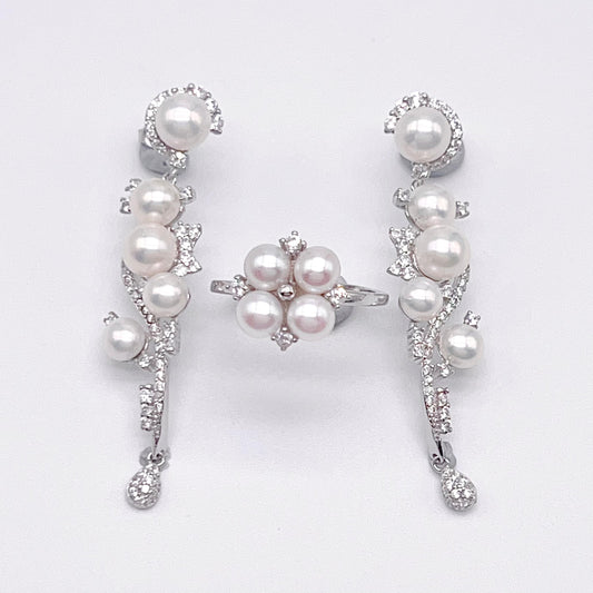 Retro Wind. Freshwater Pearl Earring and Ring Set in silver 925. Pearl bean