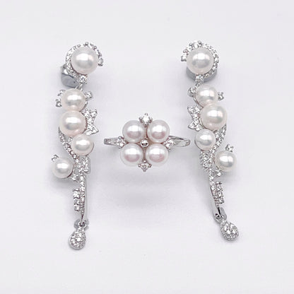 Retro Wind. Freshwater Pearl Earring and Ring Set in silver 925. Pearl bean