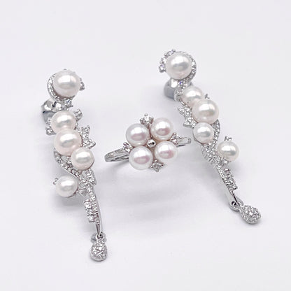 Retro Wind. Freshwater Pearl Earring and Ring Set in silver 925. Pearl bean