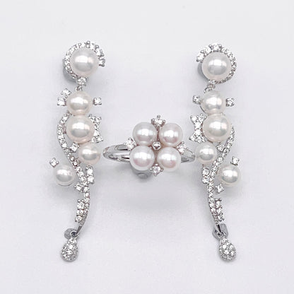Retro Wind. Freshwater Pearl Earring and Ring Set in silver 925. Pearl bean