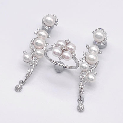 Retro Wind. Freshwater Pearl Earring and Ring Set in silver 925. Pearl bean