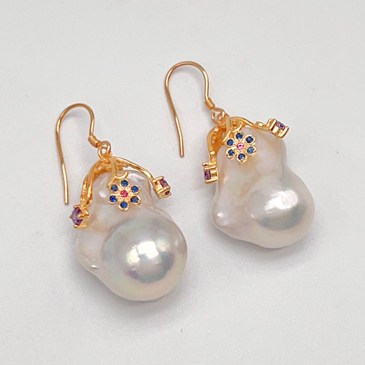 Retro Wind. Baroque Pearl Earring in Silver 925. Colorful Zircon