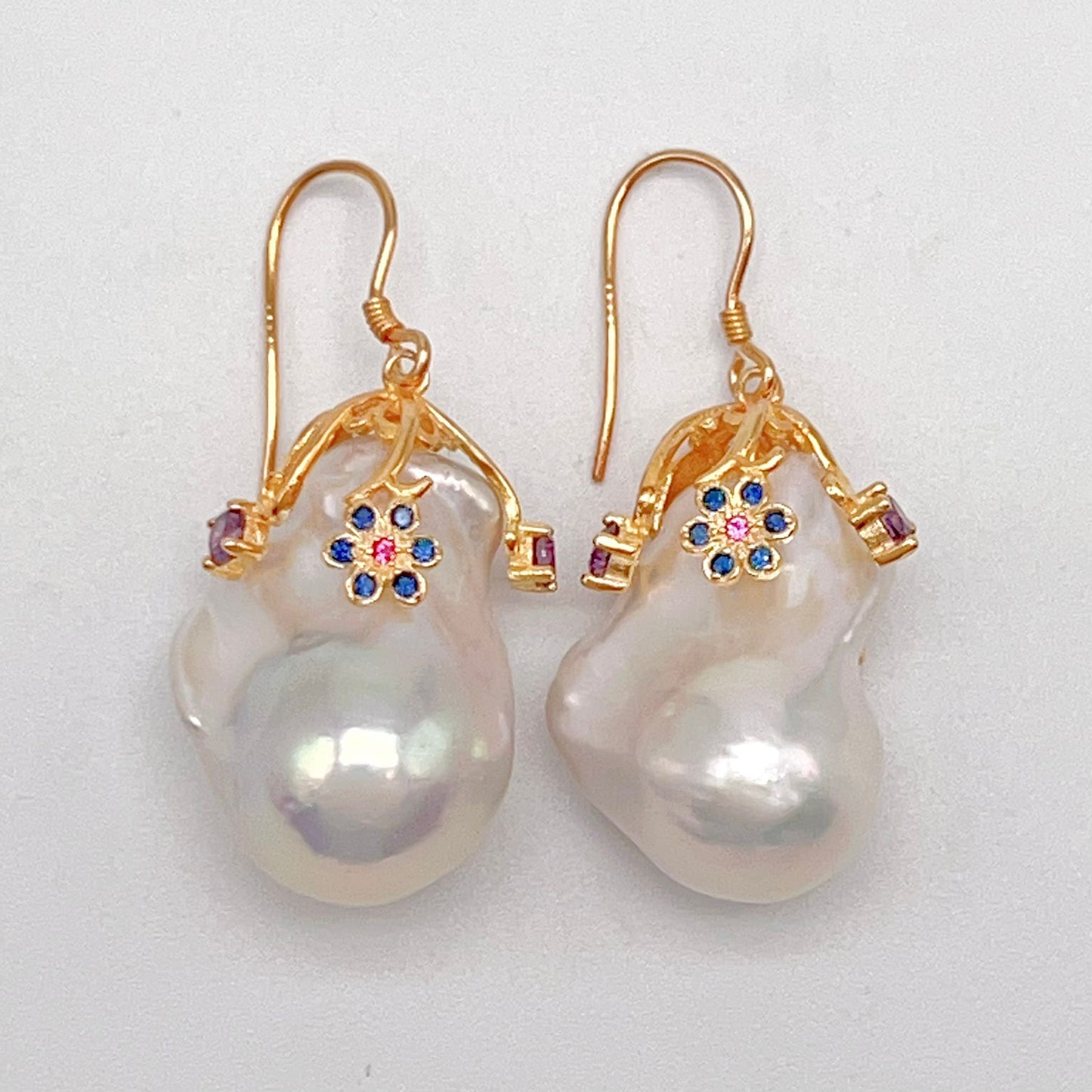 Retro Wind. Baroque Pearl Earring in Silver 925. Colorful Zircon