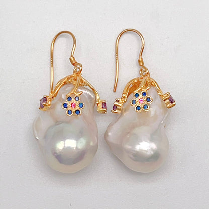 Retro Wind. Baroque Pearl Earring in Silver 925. Colorful Zircon