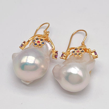 Retro Wind. Baroque Pearl Earring in Silver 925. Colorful Zircon