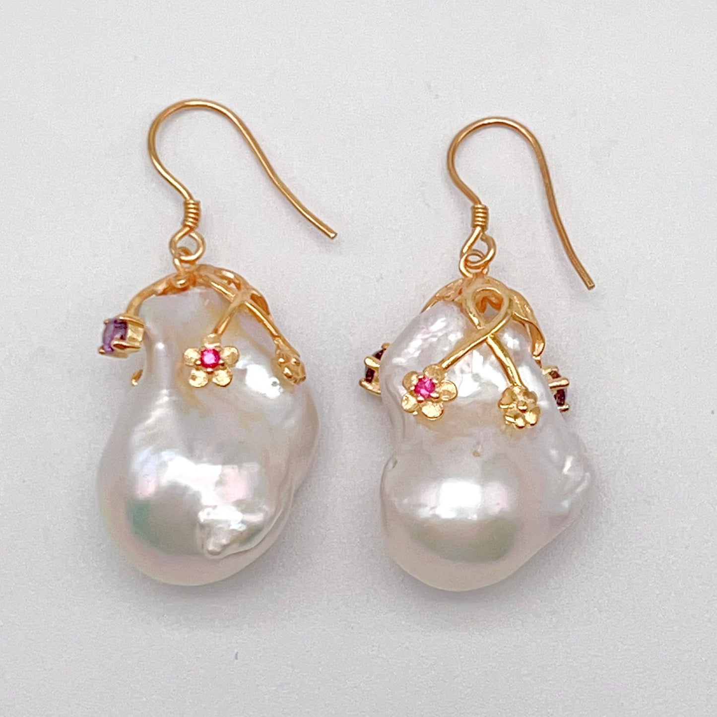 Retro Wind. Baroque Pearl Earring in Silver 925. Colorful Zircon