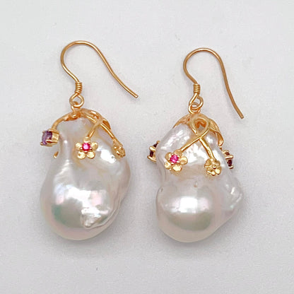 Retro Wind. Baroque Pearl Earring in Silver 925. Colorful Zircon
