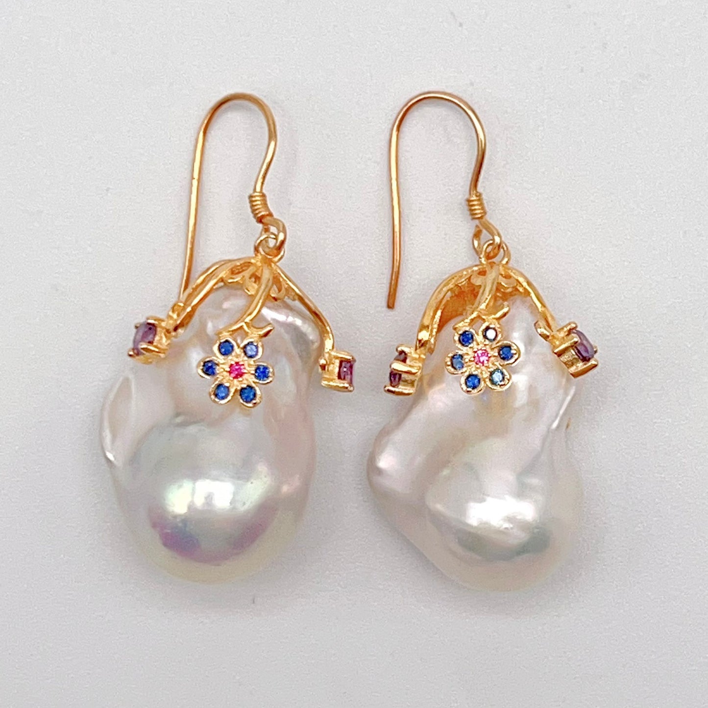 Retro Wind. Baroque Pearl Earring in Silver 925. Colorful Zircon
