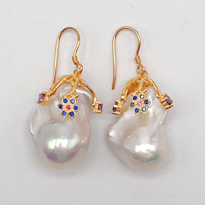 Retro Wind. Baroque Pearl Earring in Silver 925. Colorful Zircon