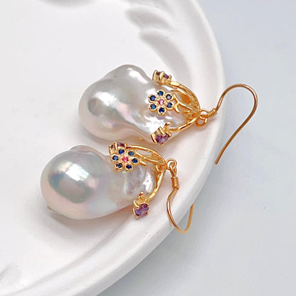 Retro Wind. Baroque Pearl Earring in Silver 925. Colorful Zircon