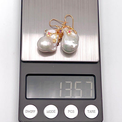 Retro Wind. Baroque Pearl Earring in Silver 925. Colorful Zircon