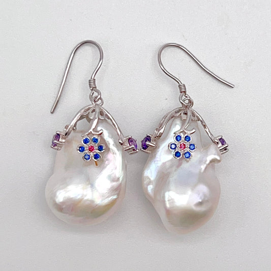 Retro Wind. Baroque Pearl Earring in Silver 925 with Colorful Zircon