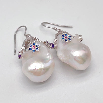 Retro Wind. Baroque Pearl Earring in Silver 925 with Colorful Zircon
