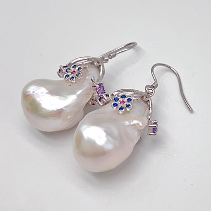 Retro Wind. Baroque Pearl Earring in Silver 925 with Colorful Zircon