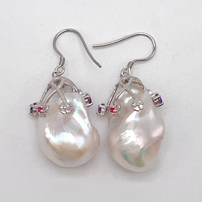 Retro Wind. Baroque Pearl Earring in Silver 925 with Colorful Zircon