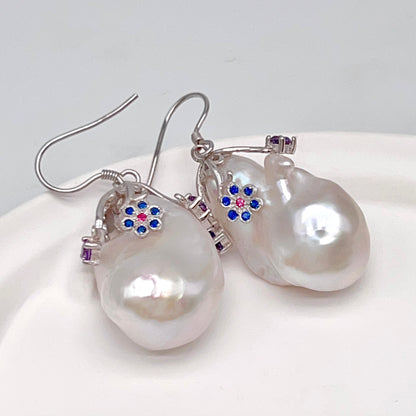 Retro Wind. Baroque Pearl Earring in Silver 925 with Colorful Zircon