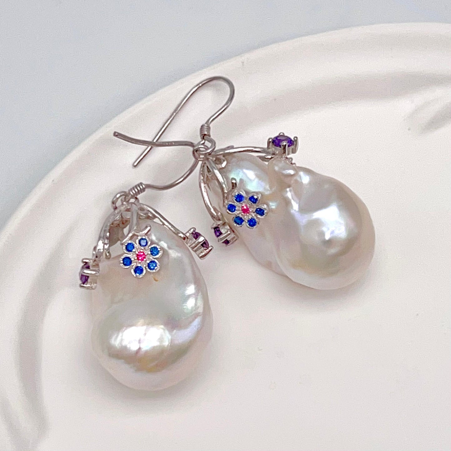 Retro Wind. Baroque Pearl Earring in Silver 925 with Colorful Zircon