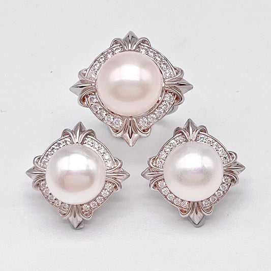 Retro Wind. Pearl Earring and Ring set in Silver 925. 4 Iris Frame