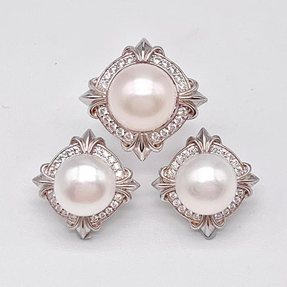 Retro Wind. Pearl Earring and Ring set in Silver 925. 4 Iris Frame