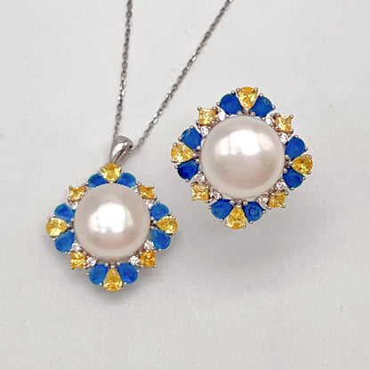 Retro Wind. Pearl Ring and Pendant set in Silver 925. Blue yellow Zircon
