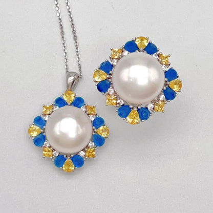 Retro Wind. Pearl Ring and Pendant set in Silver 925. Blue yellow Zircon